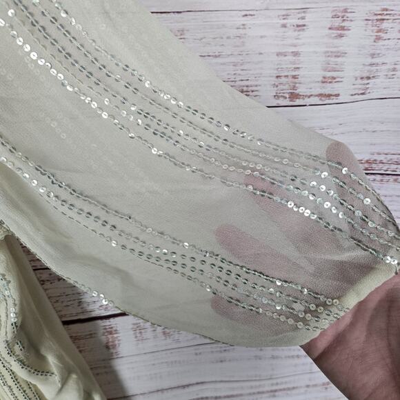 Carolina K Dress M Cream Sequin Sheer Sleeve Ruffle Tier Fairy Feminine Showgirl - Picture 7 of 15